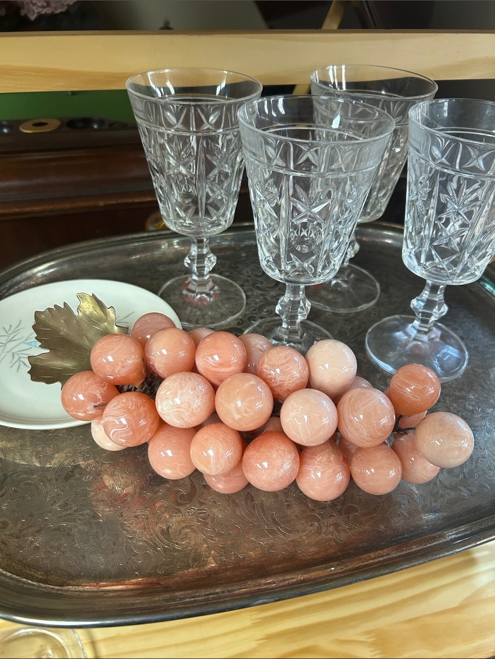 Vintage MCM Pink Lucite Rose Quartz Look Grape Cluster w/ Brass Leaf